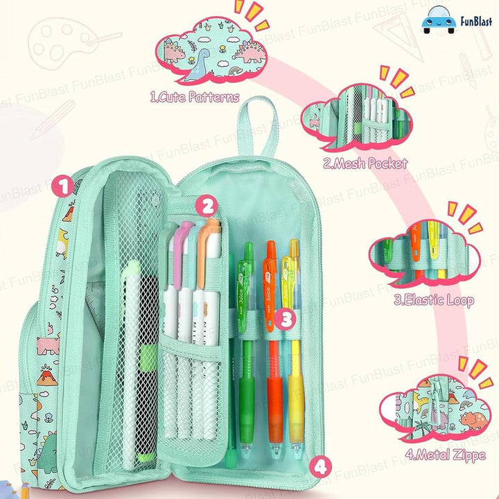 FunBlast Dinosaur Pencil Case | Large Capacity 3-Layer Canvas Hangable Kawaii Pencil Pouch
