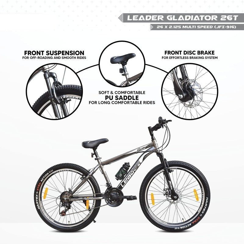 Gladiator 26T Multi Speed [21 Speed] Cycle with Front Suspension and Disc Brake Bicycle - Gladiator Grey | 12+ Years (COD Not Available)