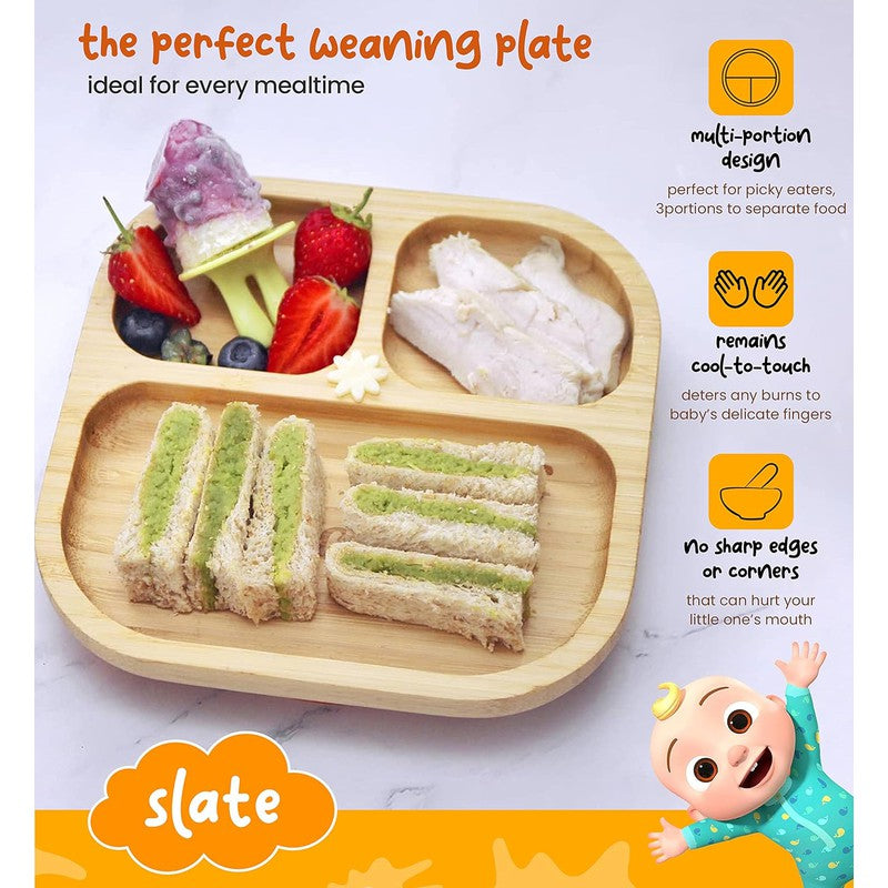 Slate Bamboo Suction Plates for Baby and Toddler | Weaning Spoon and Cute Adjustable Printed Bib | Orange, Beige