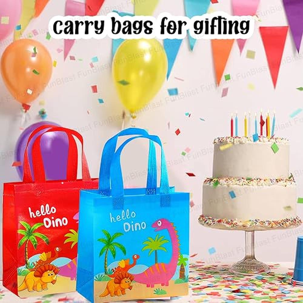 FunBlast Dinosaur Gifting Bags for Return Gifts | Pack of 12 Reusable Non-Woven Drawstring Bags