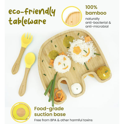 Jumbo Bamboo Suction Plates for Baby and Toddler | Weaning Spoon & Fork |Yellow