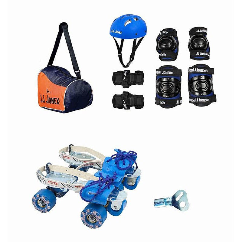 JJ Jonex Attack Adjustable Skates Combo (Skates + Helmet + Knee pad + Elbow pad + Skates Gloves + Key + Bag) (MYC) | Medium | Helmet - Blue |  6-11 Years