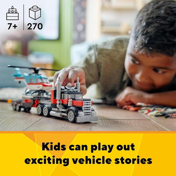 LEGO Creator Flatbed Truck with Helicopter Vehicle Toy 3 in 1 Building Set - 270 Pieces | 31146 (7-12 Years)