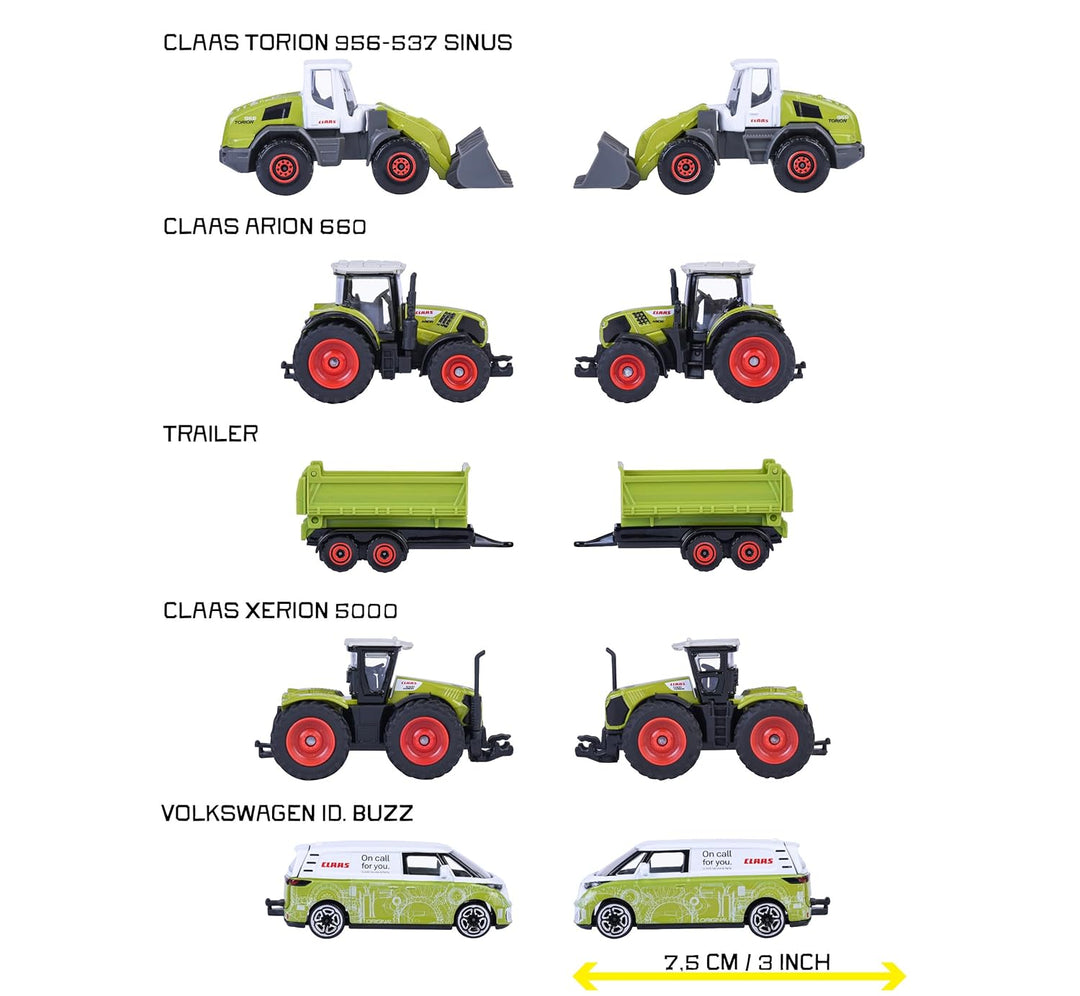Set of 5 Licensed Majorette Diecast Cars (Farm) - Claas Arion 660, Claas Xerion 5000, Claas Torion 956-537 Sinus, Volkswagen ID. Buzz, Farm trailer
