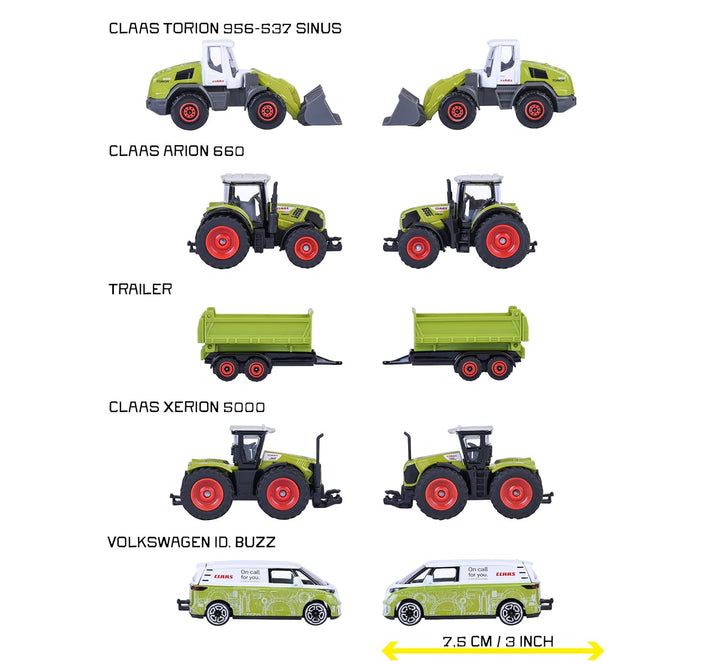Set of 5 Licensed Majorette Diecast Cars (Farm) - Claas Arion 660, Claas Xerion 5000, Claas Torion 956-537 Sinus, Volkswagen ID. Buzz, Farm trailer