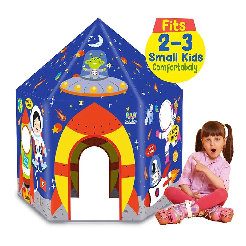 Space Playhouse Tent for Kids with Hanging LED Light - Peep Holes and Name Tag