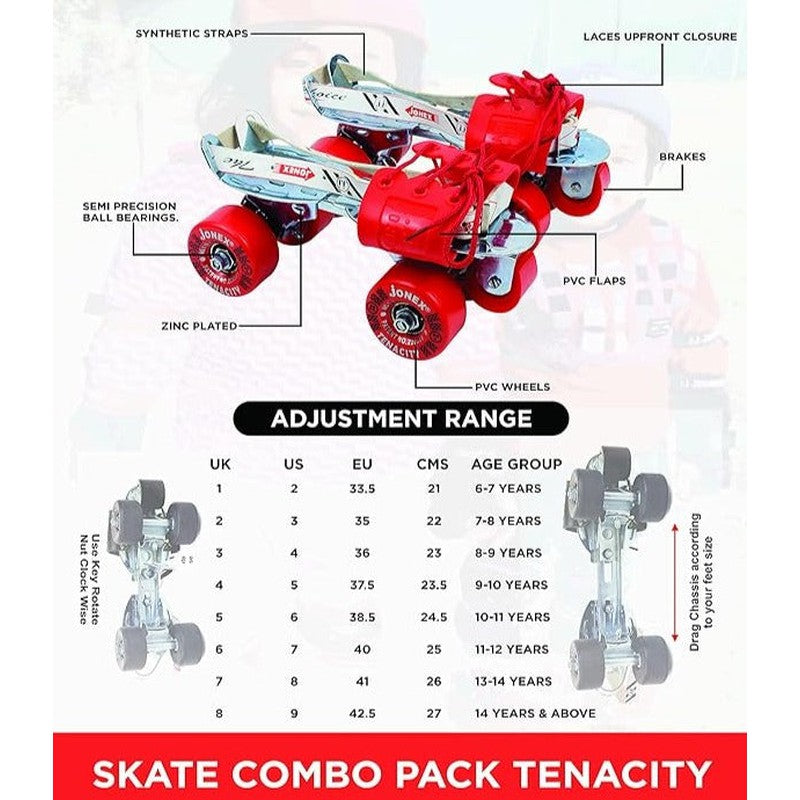 Tenacity Adjustable Skates Combo (Skates + Helmet + Knee pad + Elbow pad + Skates Gloves + Key + Bag) (MYC) | Medium | Black/Red
