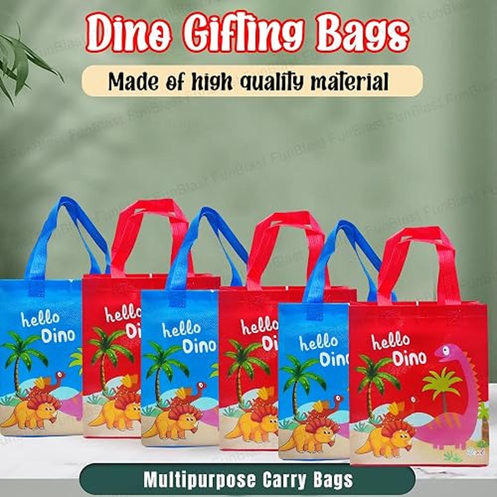 FunBlast Dinosaur Gifting Bags for Return Gifts | Pack of 12 Reusable Non-Woven Drawstring Bags