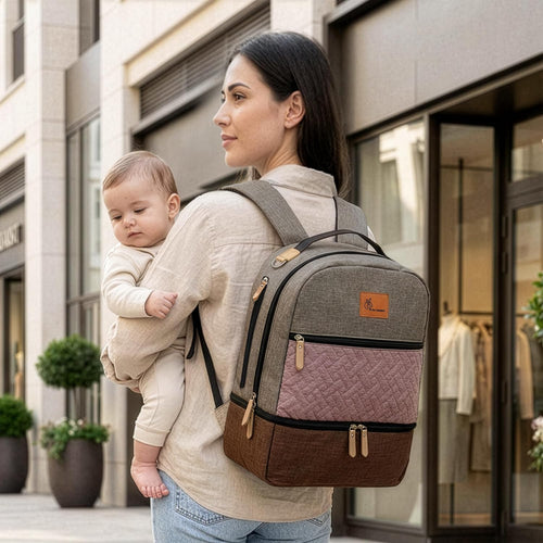 R for Rabbit Caramello Truffle Large Capacity Diaper Bag with Stroller Attachment - Grey Pink