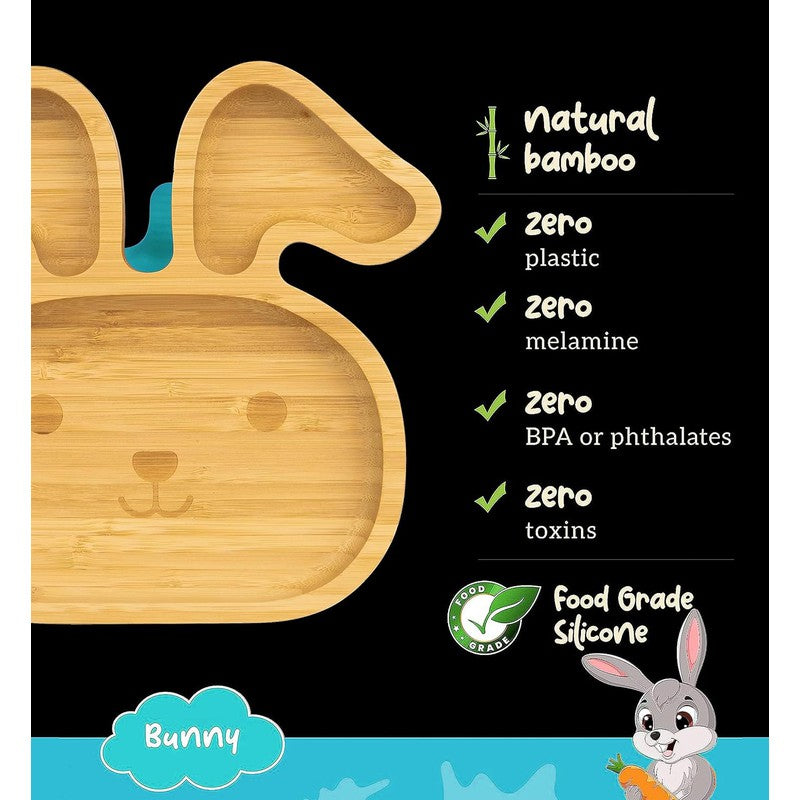 Bamboo Bunny Suction Plate for Kids and Baby-Led Weaning | Natural Bamboo BPA Free (Blue)