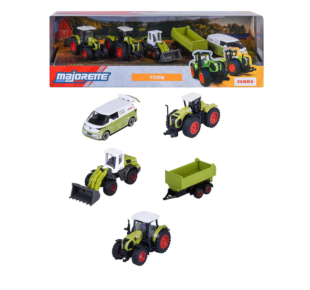 Set of 5 Licensed Majorette Diecast Cars (Farm) - Claas Arion 660, Claas Xerion 5000, Claas Torion 956-537 Sinus, Volkswagen ID. Buzz, Farm trailer