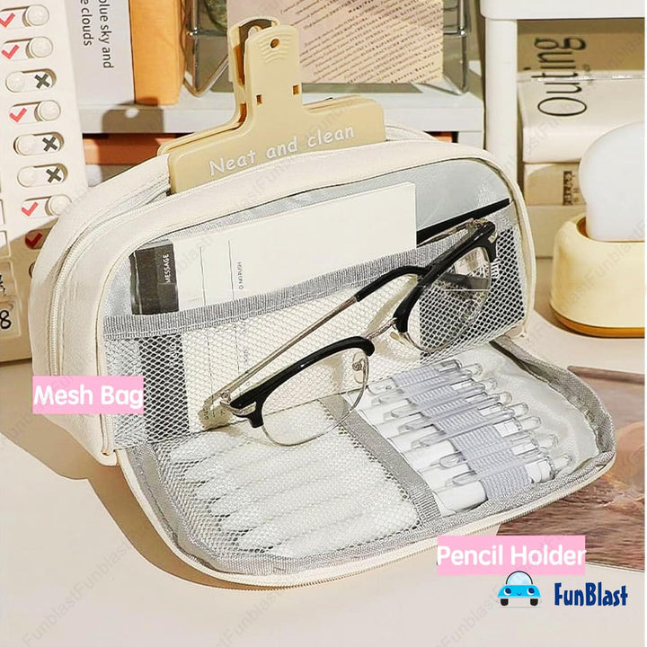 FunBlast Beige Pencil Pouch | Large Capacity Stationery Organizer & Multipurpose Zipper Case for Kids