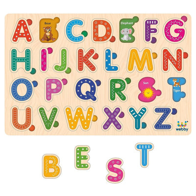 Wooden Educational Colorful Alphabets, Counting Numbers, Fruits, Animals, and Public Transport Puzzle for Preschool Kids - Set of 5