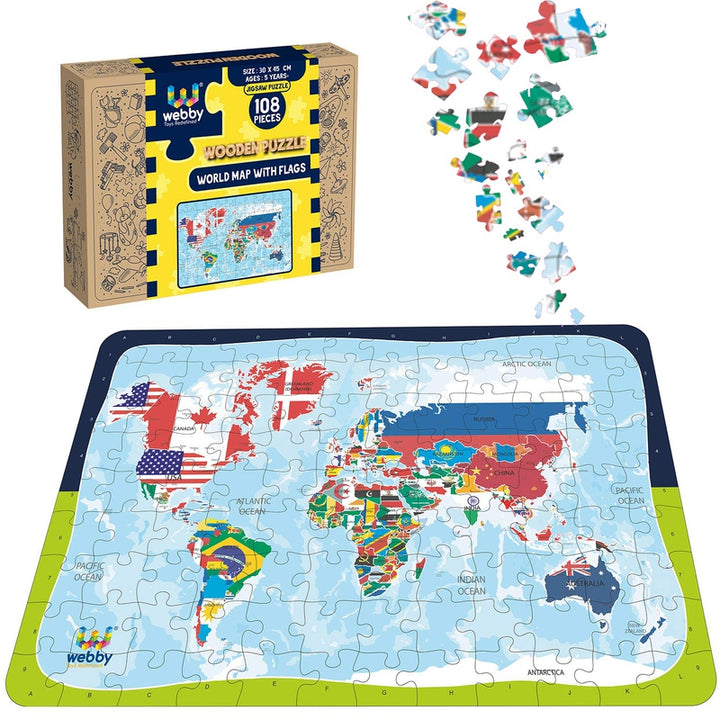 World Map With Flags Wooden Jigsaw Puzzle, 108 Pieces