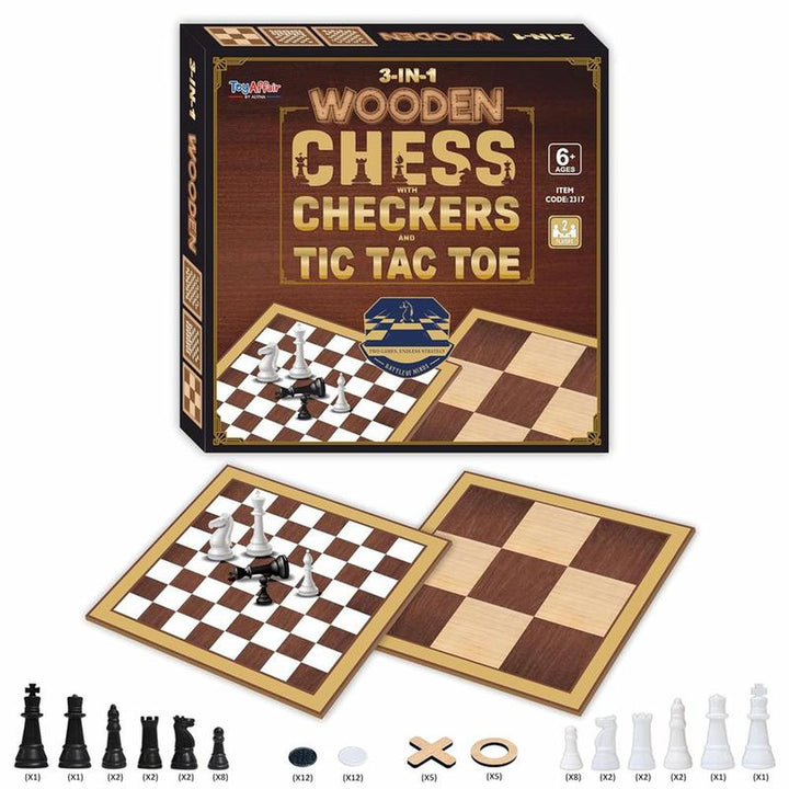 3 in 1 Wooden Chess, Checkers, & Tic Tac Toe Game Set (4 Years till Grown Ups)
