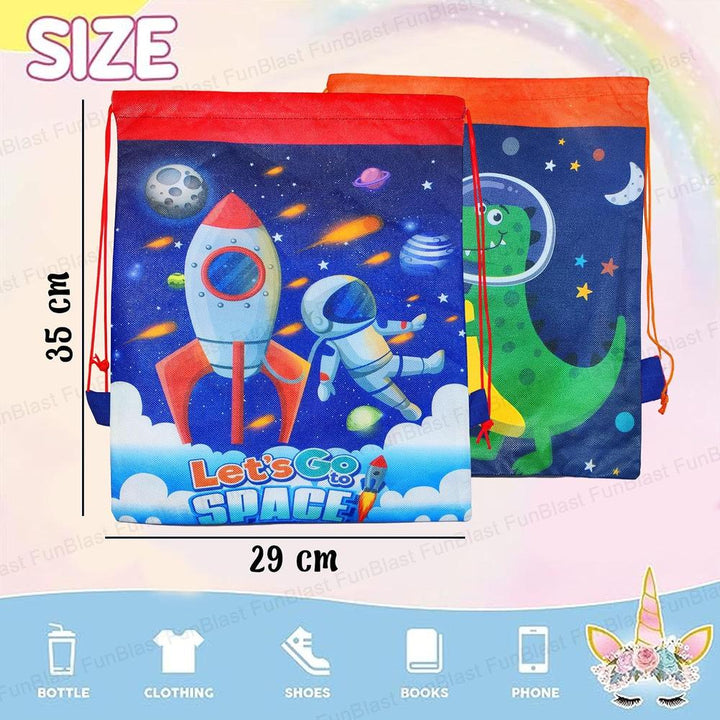 FunBlast Space & Dinosaur Return Gift Bags | Pack of 6 Reusable Non-Woven Drawstring Bags