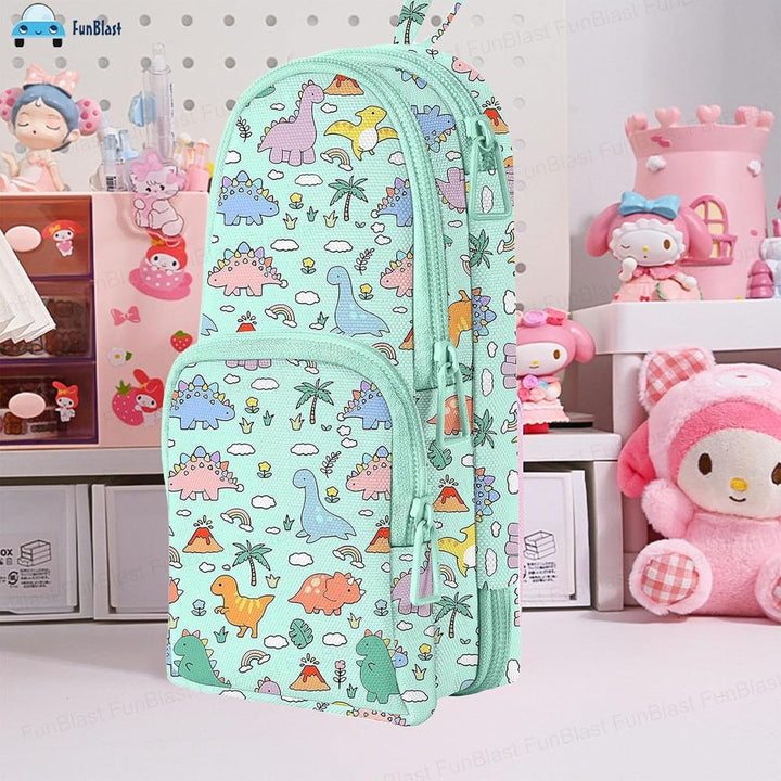 FunBlast Dinosaur Pencil Case | Large Capacity 3-Layer Canvas Hangable Kawaii Pencil Pouch