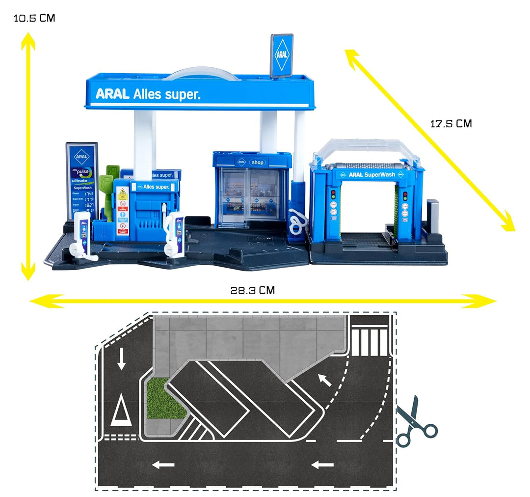 Original Licensed Majorette ARAL Petrol Station Playset with Fuel Tanker | 6 Parking Spaces, Car Wash & EV Charger
