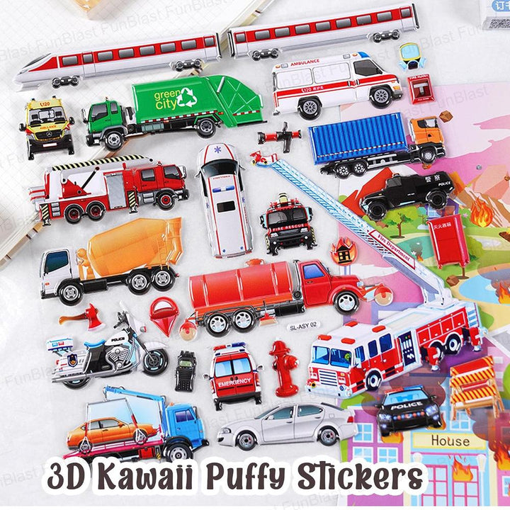 FunBlast Vehicle Theme 3D Puffy Stickers for Kids | Red Vehicle Kawaii Self-Adhesive Foam Stickers