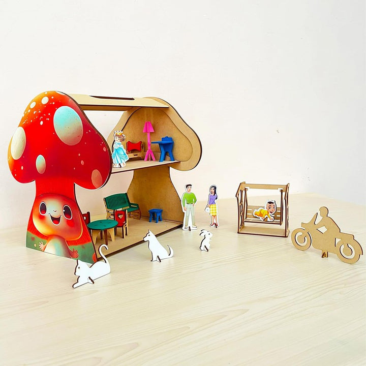 DIY Kit Mushroom Themed Dollhouse with Miniatures & Furniture Set, Includes Family Set, Swing for Baby, Pet Animals & Bike for Perfect Fun Role Play