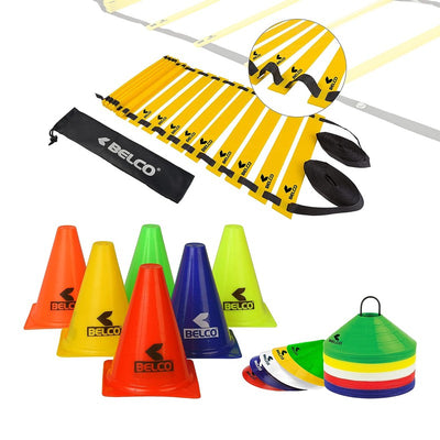 Belco Training Cone Set (Pack of 6, 10 Space Markers and Ladder Agility, 4 Meter Combos) | 8+ Years