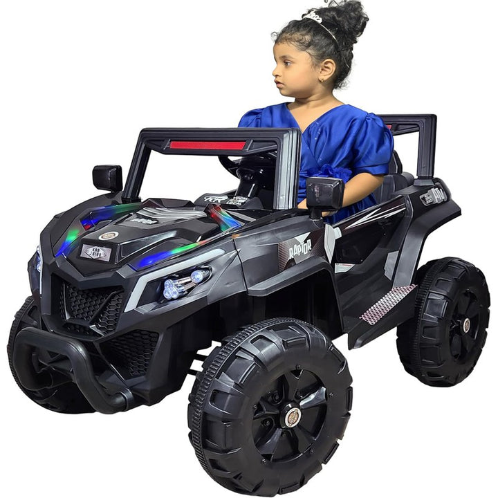 Black Driving Jeep Ride on | Remote + Mobile App Control & Manual Steering Drive Car | Bluetooth Music Player | Loading Capacity of 50 Kg | COD Not Available