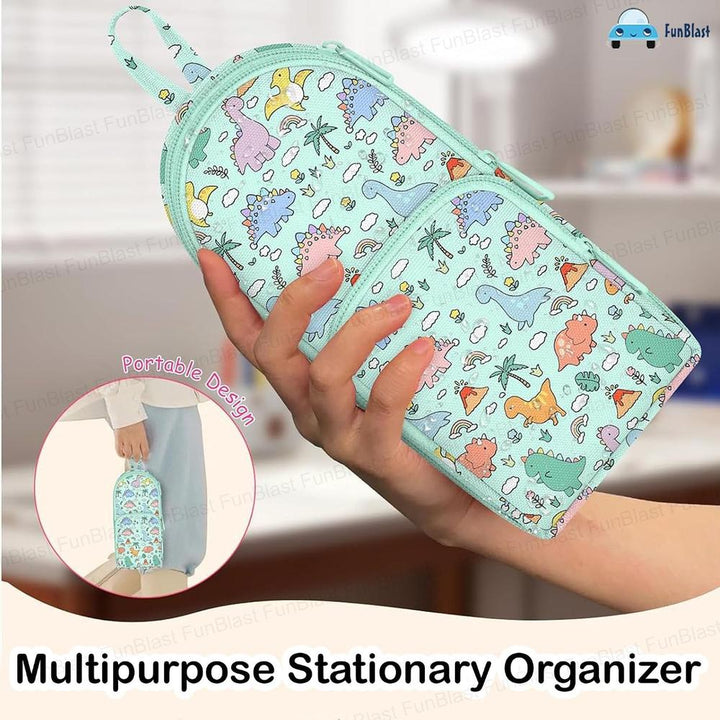FunBlast Dinosaur Pencil Case | Large Capacity 3-Layer Canvas Hangable Kawaii Pencil Pouch
