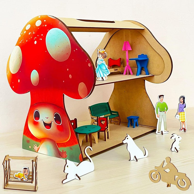 DIY Kit Mushroom Themed Dollhouse with Miniatures & Furniture Set, Includes Family Set, Swing for Baby, Pet Animals & Bike for Perfect Fun Role Play