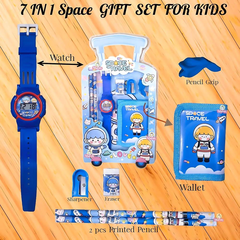 Stationery Gift Set for Kids | Digital Watch, Wallet Pouch, 2 Pencils, Eraser, Sharpener & Pencil Topper | Birthday Return Gift- 7 Pieces