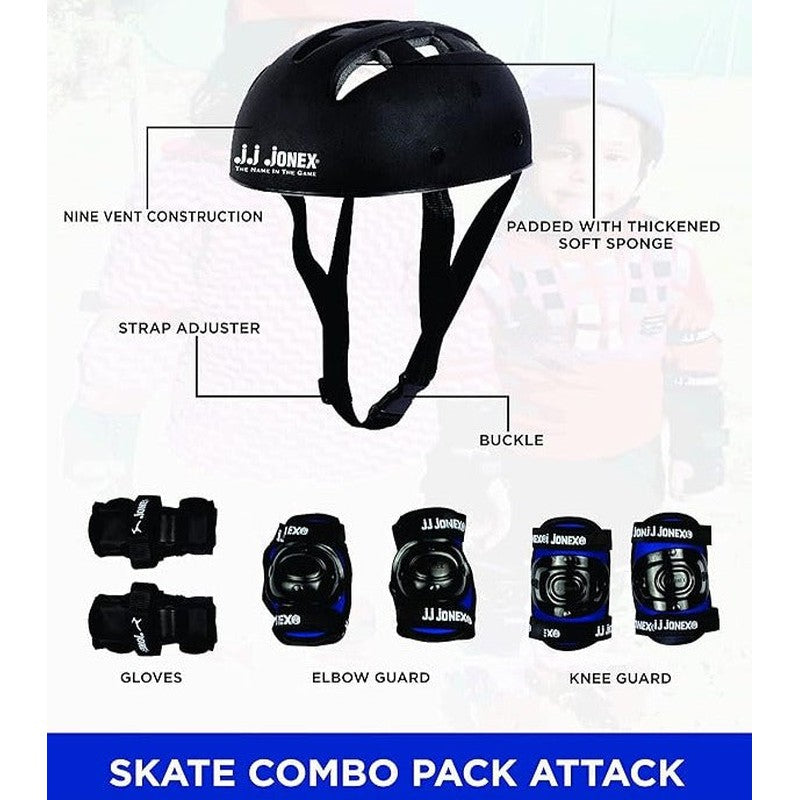 JJ Jonex Attack Adjustable Skates Combo (Skates + Helmet + Knee pad + Elbow pad + Skates Gloves + Key + Bag) (MYC) | Medium | Helmet - Black | 6-11 Years