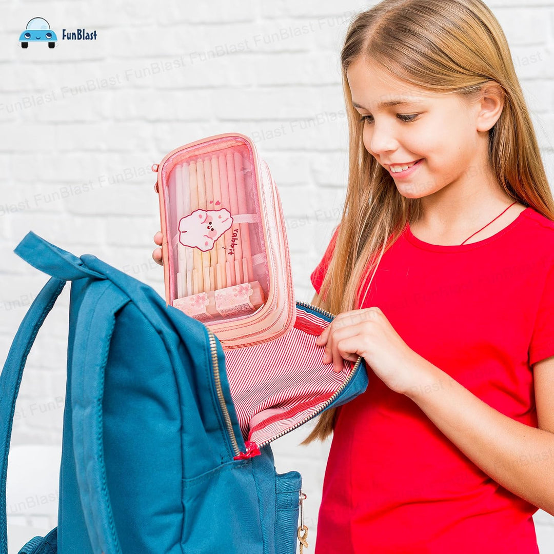 FunBlast Large Capacity Pencil Bag – Peach | 3 Compartment Transparent Pencil Pouch with Zipper