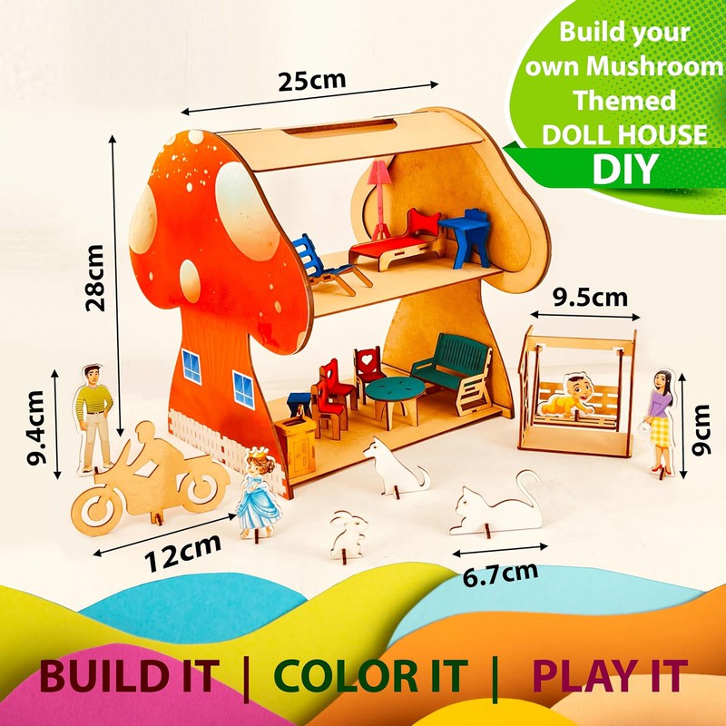 DIY Kit Mushroom Themed Dollhouse with Miniatures & Furniture Set, Includes Family Set, Swing for Baby, Pet Animals & Bike for Perfect Fun Role Play