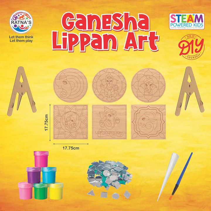 Ratnas Ganesha Lippan Art – Mirror Work Creative DIY Craft Kit | 6 Wooden Art Pieces