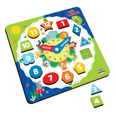 Wooden Early Educational Teaching Clock-Time & Shapes Sorting Toy for Kids, 12 Pcs (Square)