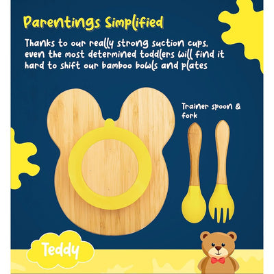 Teddy Bamboo Suction Plates for Baby and Toddler | Weaning Spoon & Fork | Yellow