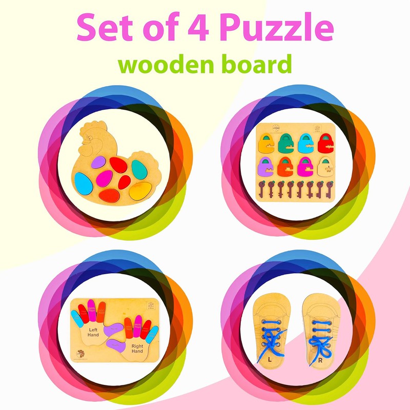 Set of 4 Wooden Board Puzzle Playset kit Includes Lock & Key, Finger Matching, Shoe Lacing & Hen Egg Placing