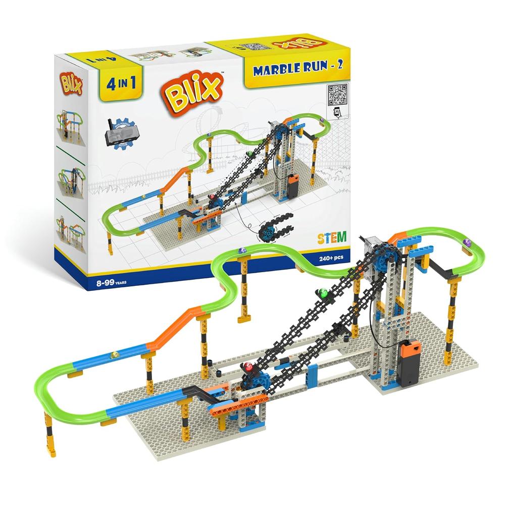 Blix Marble Run 2 Building Blocks | Motorised Conveyor Marble Track | 4 in 1 | STEM Learning & Creative Building Toy | 220+ Pieces