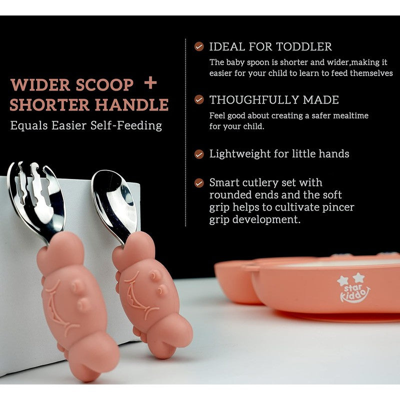 Cute Crab Silicon Weaning Set | Suction Plate for baby | Easy Grip Handle Spoon & Fork | Adjustable Printed Bib | Pink (Combo)