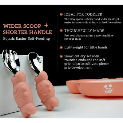 Cute Crab Silicon Weaning Set | Suction Plate for baby | Easy Grip Handle Spoon & Fork | Adjustable Printed Bib | Pink (Combo)