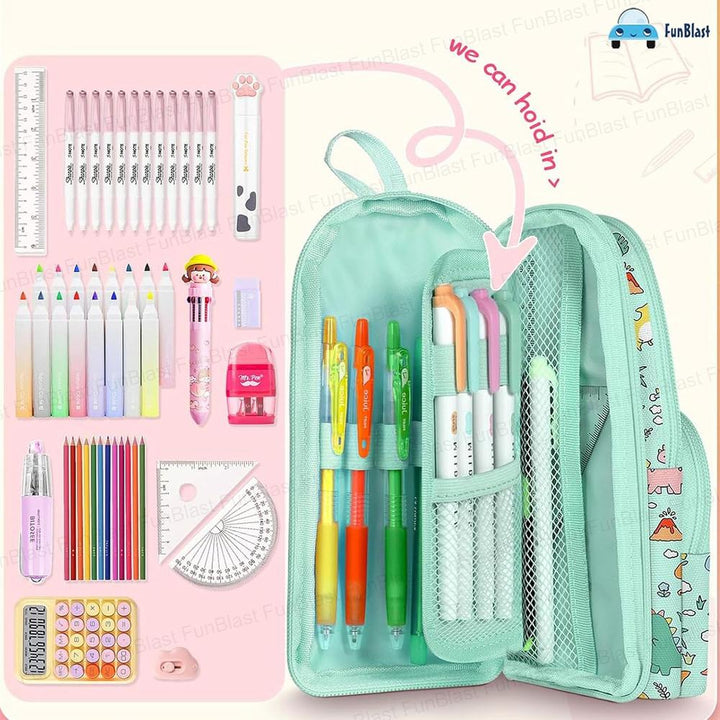 FunBlast Dinosaur Pencil Case | Large Capacity 3-Layer Canvas Hangable Kawaii Pencil Pouch