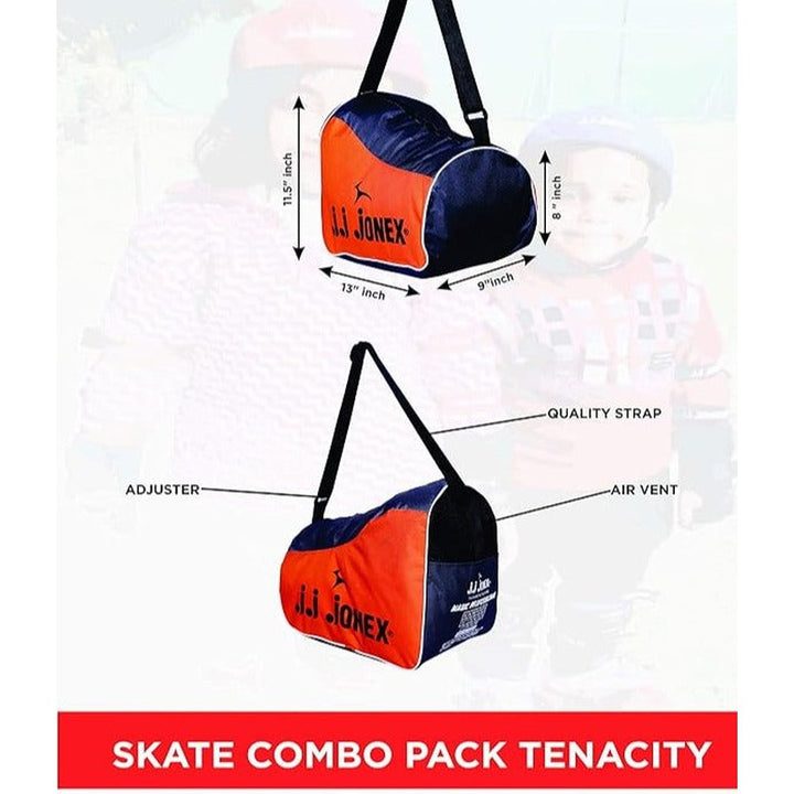 JJ Jonex Unisex Tenacity Adjustable Skates Combo (Skates + Helmet + Knee Pad + Elbow Pad + Skates Gloves + Key + Bag) (MYC) | Medium | Red |  6-11 Years