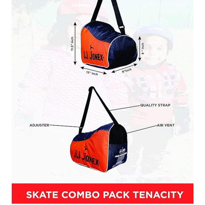 JJ Jonex Unisex Tenacity Adjustable Skates Combo (Skates + Helmet + Knee Pad + Elbow Pad + Skates Gloves + Key + Bag) (MYC) | Large | Red | 11 Years and Above