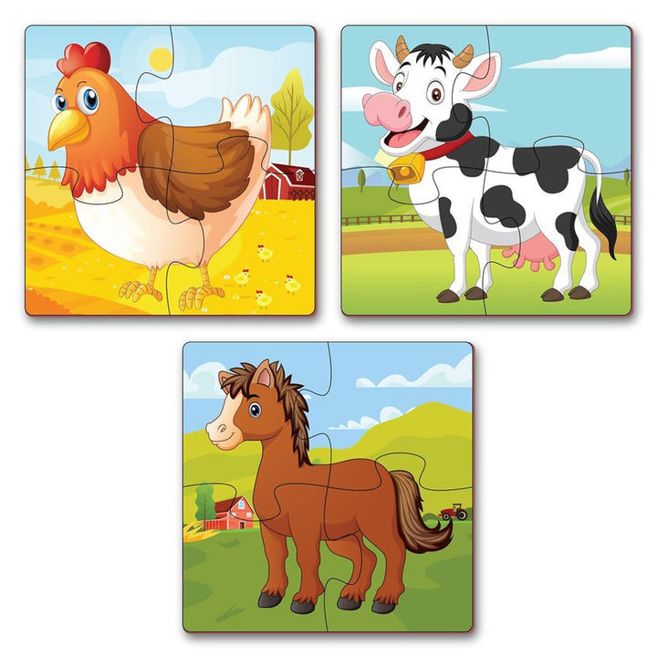 Farm Animal Jigsaw Puzzle for Kids | 4 Pieces Puzzles | Educational Toys and Games  (Set of 3 Puzzles in Box)