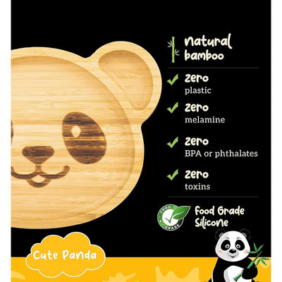 Adorable Panda Bamboo Suction Plates for Baby and Toddler | 3 Sections | Weaning Spoon |Yellow