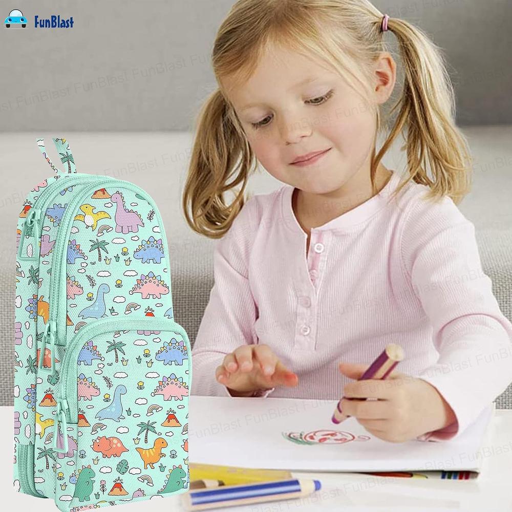 FunBlast Dinosaur Pencil Case | Large Capacity 3-Layer Canvas Hangable Kawaii Pencil Pouch