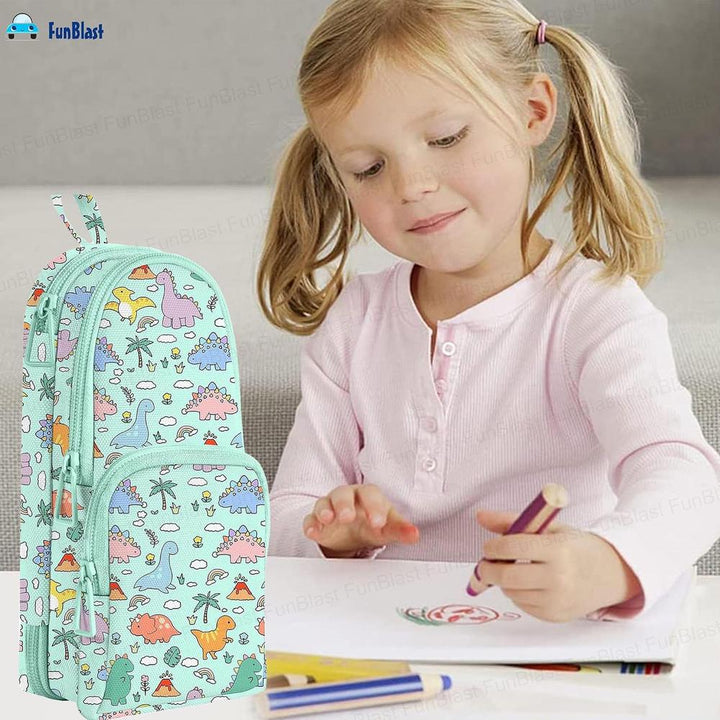 FunBlast Dinosaur Pencil Case | Large Capacity 3-Layer Canvas Hangable Kawaii Pencil Pouch