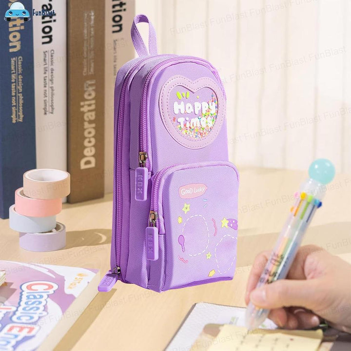 FunBlast Purple Pencil Case for Kids | Large Capacity 3-Layer Canvas Hangable Kawaii Pencil Pouch