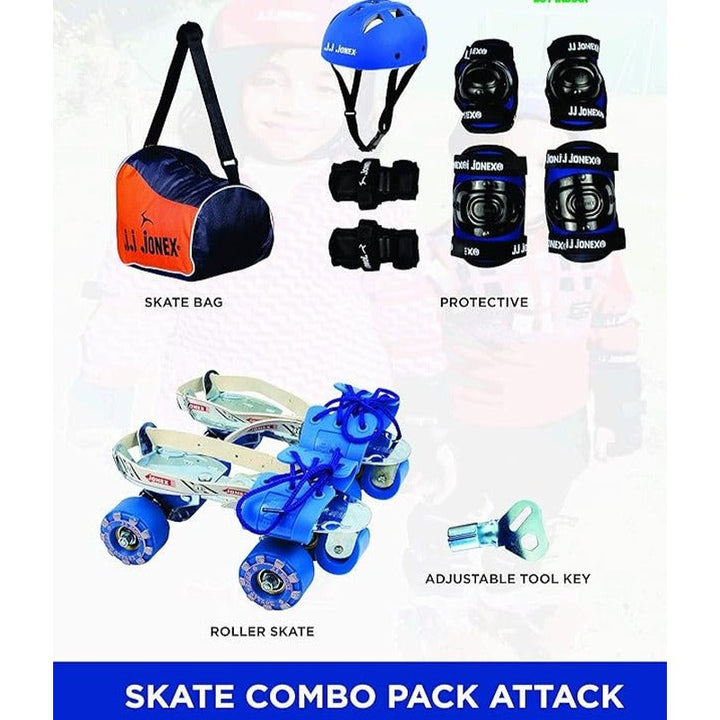 JJ Jonex Attack Adjustable Skates Combo (Skates + Helmet + Knee pad + Elbow pad + Skates Gloves + Key + Bag) (MYC) | Medium | Helmet - Blue |  6-11 Years