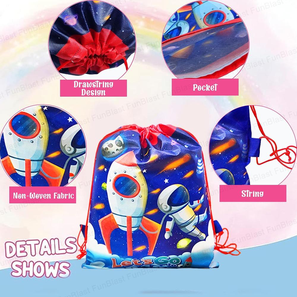 FunBlast Space & Dinosaur Return Gift Bags | Pack of 6 Reusable Non-Woven Drawstring Bags