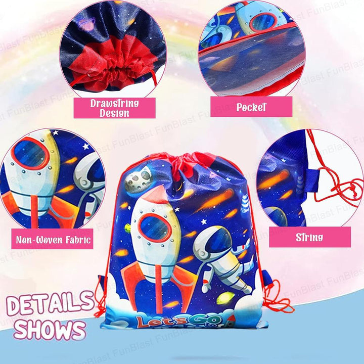 FunBlast Space & Dinosaur Return Gift Bags | Pack of 6 Reusable Non-Woven Drawstring Bags